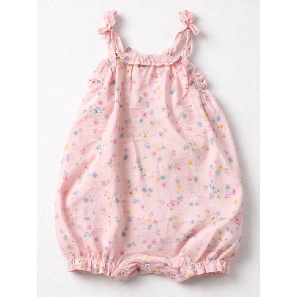 H & M pink cotton butterfly and floral print bubble romper size 9-12 months NWT